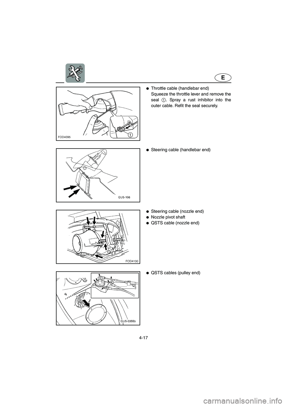 YAMAHA SUV 1200 2003  Owners Manual 4-17
E
Throttle cable (handlebar end) 
Squeeze the throttle lever and remove the
seal 1. Spray a rust inhibitor into the
outer cable. Refit the seal securely. 
Steering cable (handlebar end) 
Steer