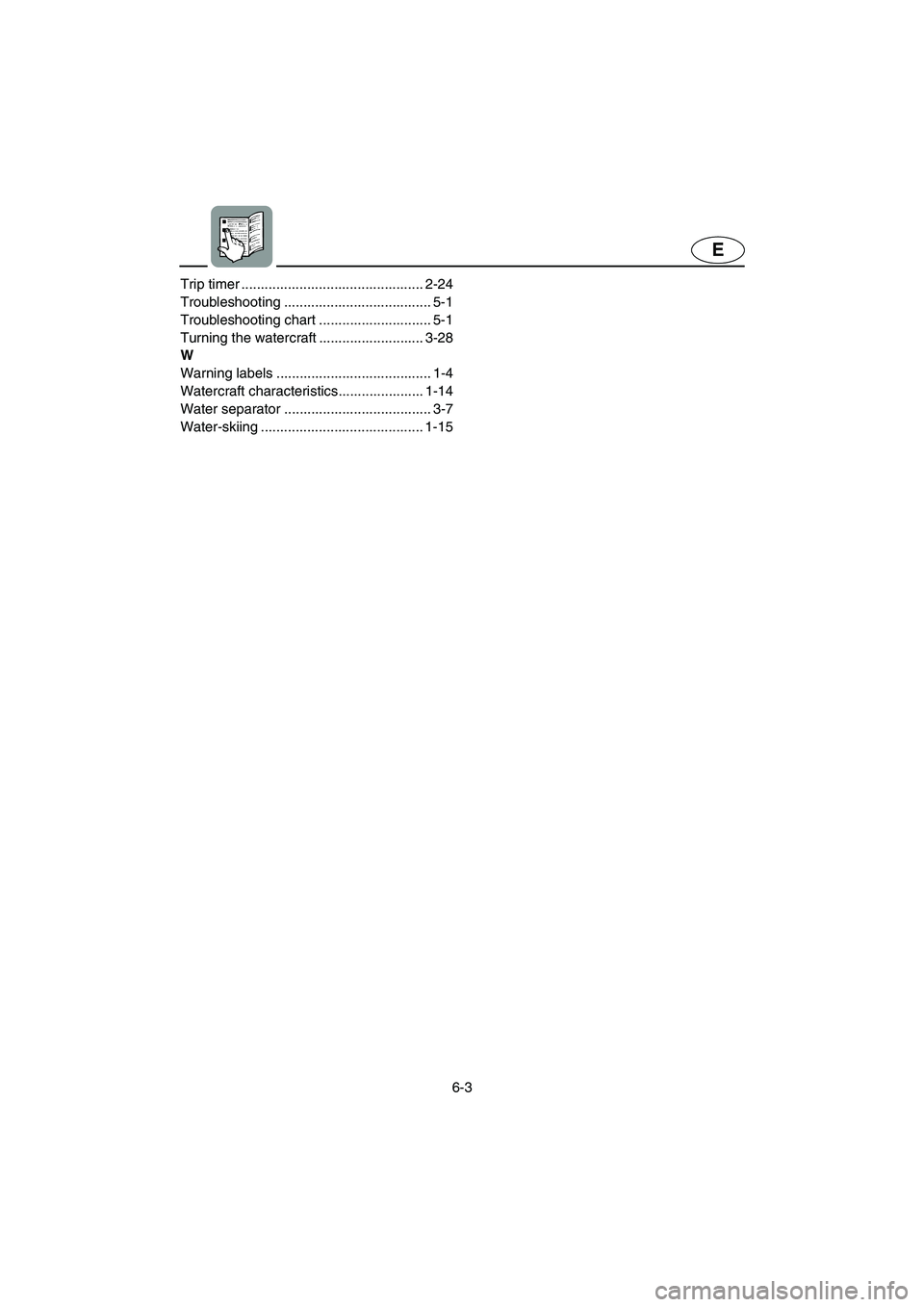 YAMAHA SUV 1200 2003  Owners Manual 6-3
E
Trip timer ............................................... 2-24
Troubleshooting ...................................... 5-1
Troubleshooting chart ............................. 5-1
Turning the wat