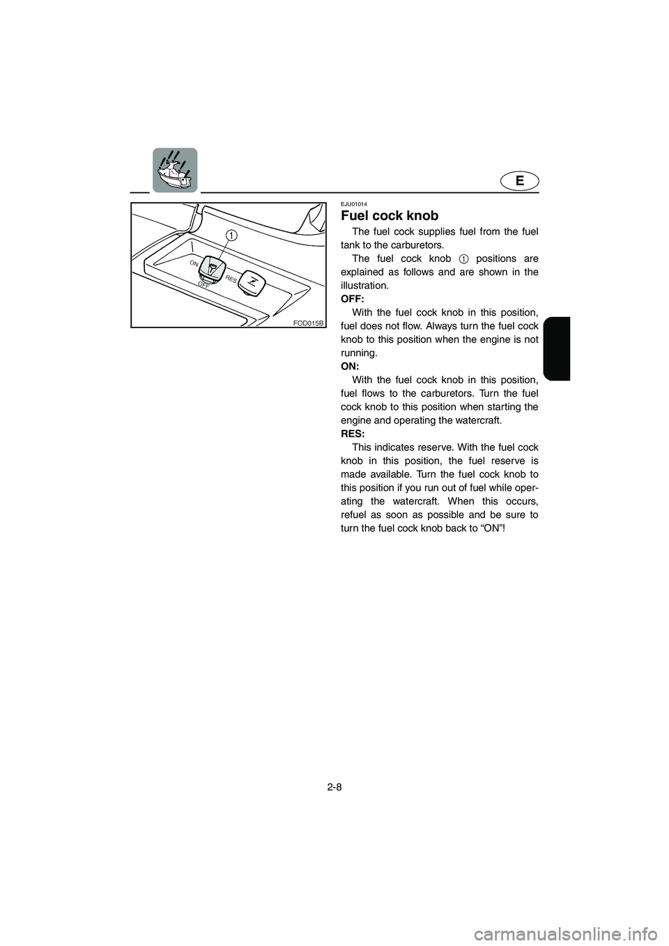 YAMAHA SUV 1200 2003  Owners Manual 2-8
E
EJU01014 
Fuel cock knob  
The fuel cock supplies fuel from the fuel
tank to the carburetors. 
The fuel cock knob 1 positions are
explained as follows and are shown in the
illustration. 
OFF: 
W