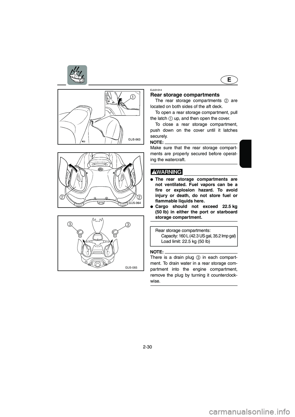 YAMAHA SUV 1200 2003  Owners Manual 2-30
E
EJU01314
Rear storage compartments 
The rear storage compartments 2 are
located on both sides of the aft deck. 
To open a rear storage compartment, pull
the latch 1 up, and then open the cover.