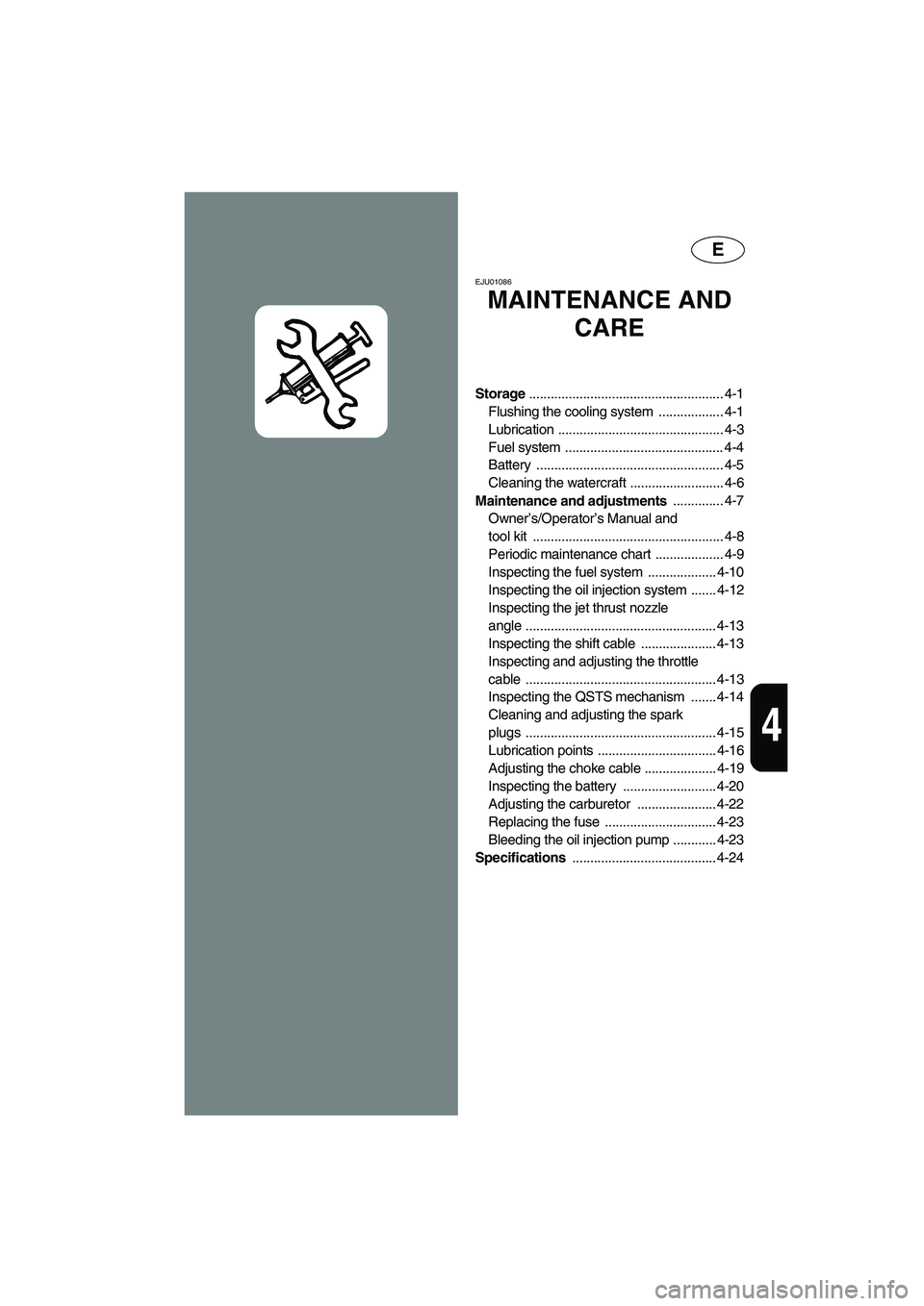 YAMAHA SUV 1200 2003  Owners Manual E
4
EJU01086 
MAINTENANCE AND 
CARE
Storage ...................................................... 4-1
Flushing the cooling system  .................. 4-1
Lubrication .................................