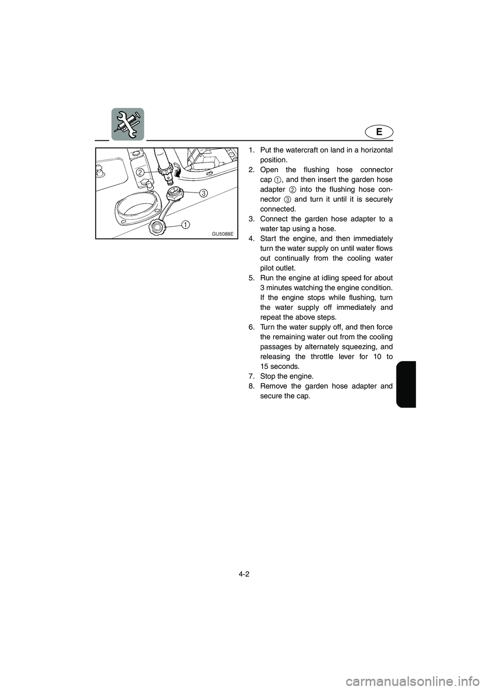 YAMAHA SUV 1200 2003  Owners Manual 4-2
E
1. Put the watercraft on land in a horizontal
position. 
2. Open the flushing hose connector
cap1, and then insert the garden hose
adapter 2 into the flushing hose con-
nector 3 and turn it unti