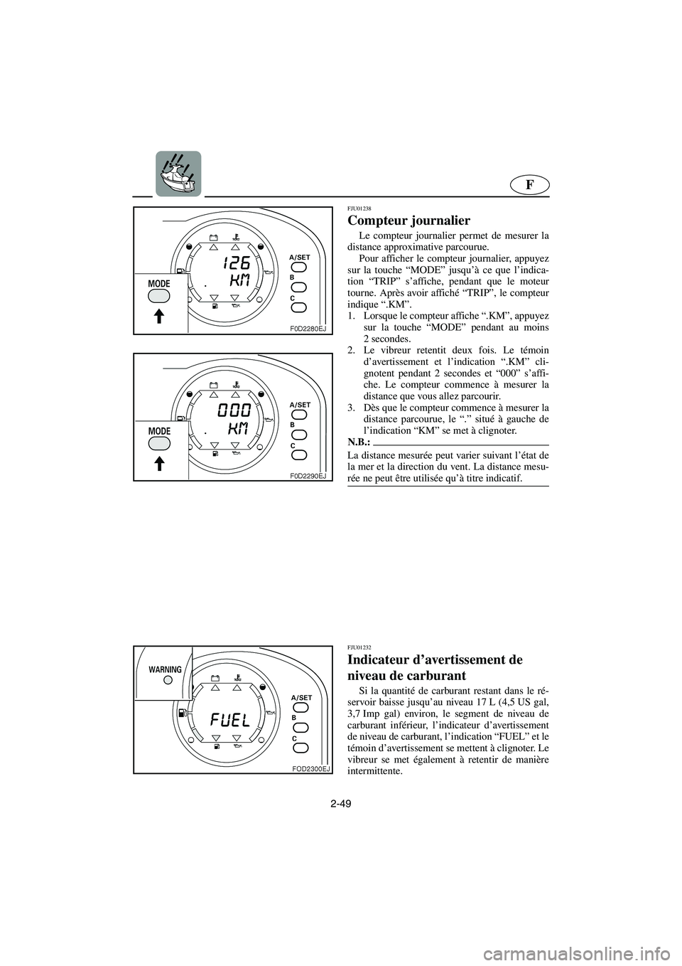 YAMAHA SUV 1200 2003  Manuale de Empleo (in Spanish) 2-49
F
FJU01238 
Compteur journalier  
Le compteur journalier permet de mesurer la
distance approximative parcourue. 
Pour afficher le compteur journalier, appuyez
sur la touche “MODE” jusqu’à 