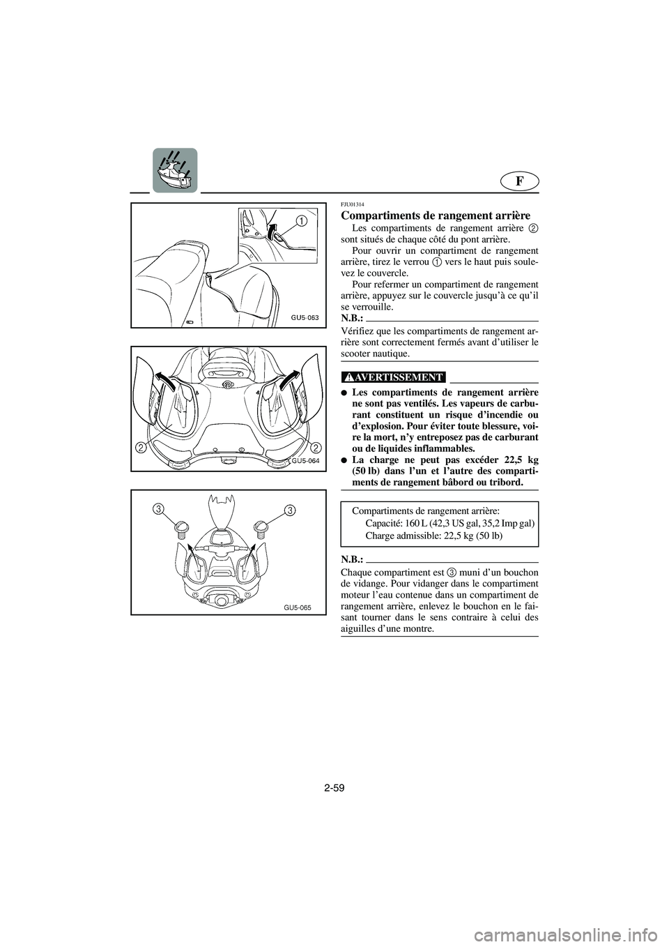 YAMAHA SUV 1200 2003  Manuale de Empleo (in Spanish) 2-59
F
FJU01314 
Compartiments de rangement arrière  
Les compartiments de rangement arrière 2
sont situés de chaque côté du pont arrière. 
Pour ouvrir un compartiment de rangement
arrière, tir