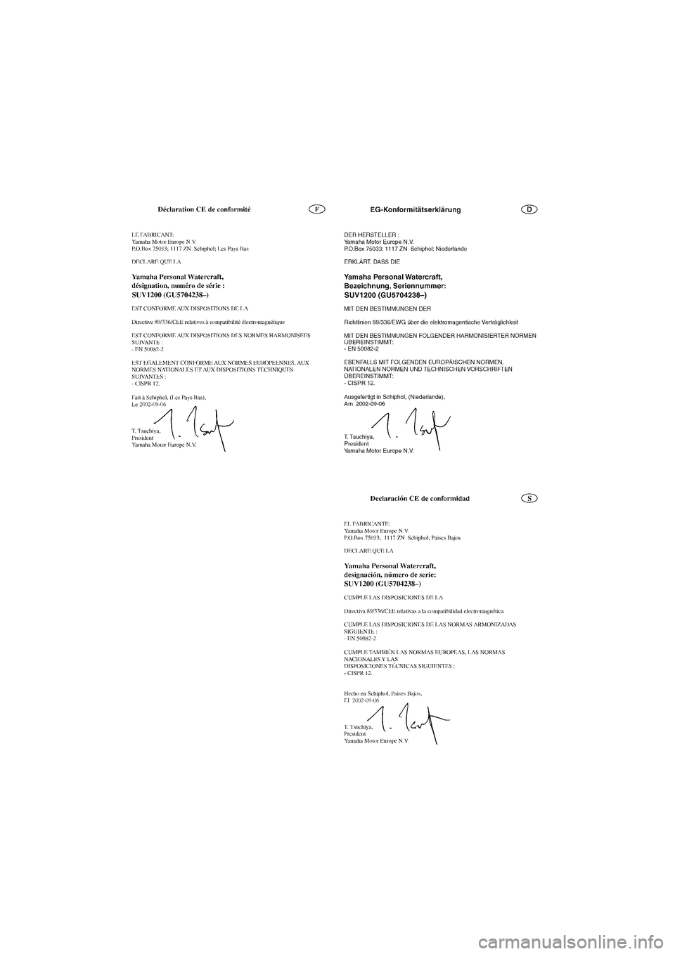 YAMAHA SUV 1200 2003  Manuale de Empleo (in Spanish) A_EC-declaration.fm  Page 1  Monday, September 9, 2002  11:45 AM 