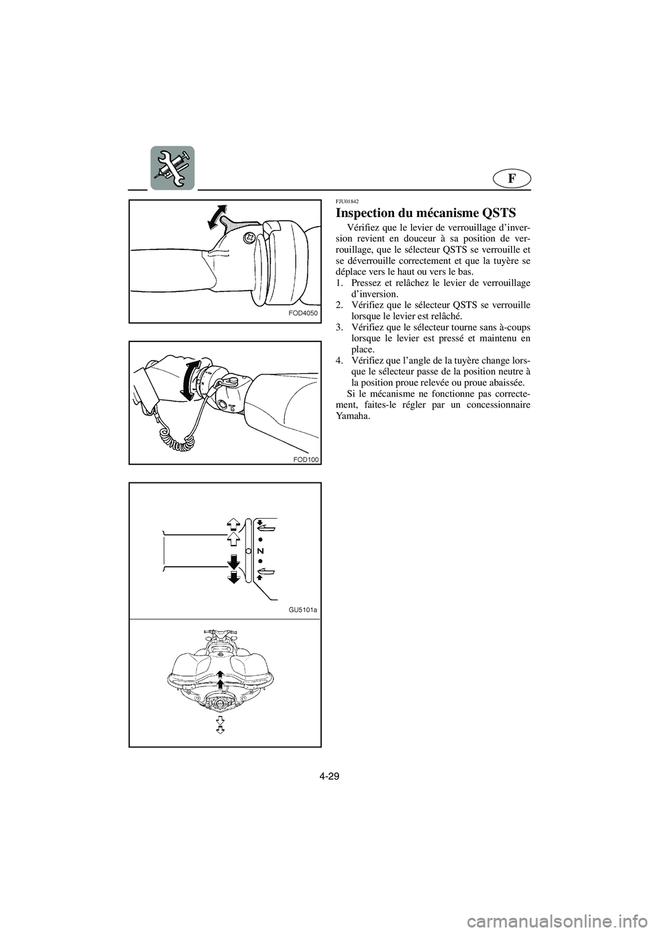 YAMAHA SUV 1200 2003  Manuale de Empleo (in Spanish) 4-29
F
FJU01842 
Inspection du mécanisme QSTS  
Vérifiez que le levier de verrouillage d’inver-
sion revient en douceur à sa position de ver-
rouillage, que le sélecteur QSTS se verrouille et
se