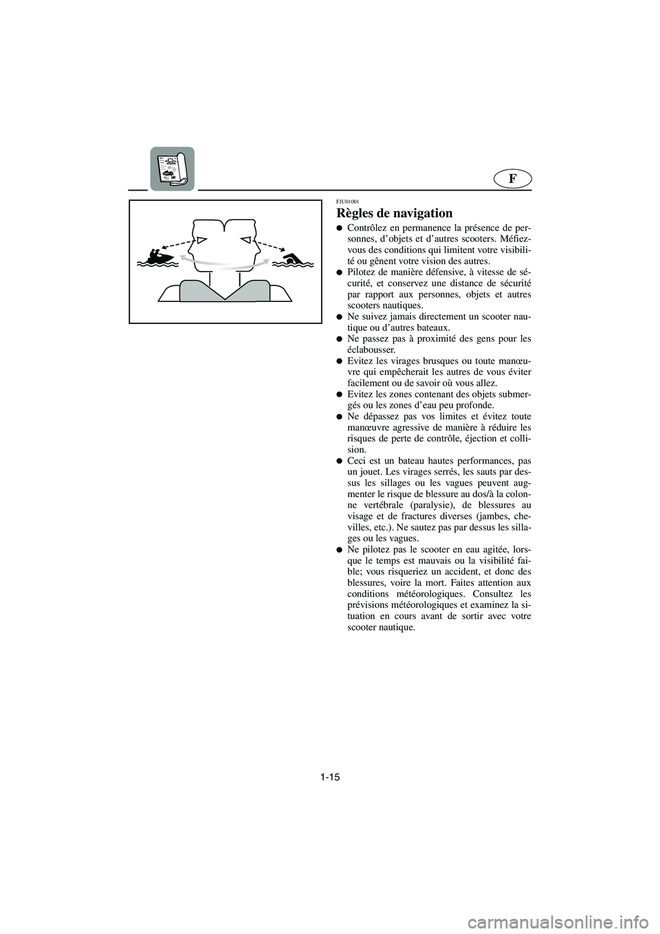 YAMAHA SUV 1200 2003  Manuale de Empleo (in Spanish) 1-15
F
FJU01001 
Règles de navigation  
Contrôlez en permanence la présence de per-
sonnes, d’objets et d’autres scooters. Méfiez-
vous des conditions qui limitent votre visibili-
té ou gên