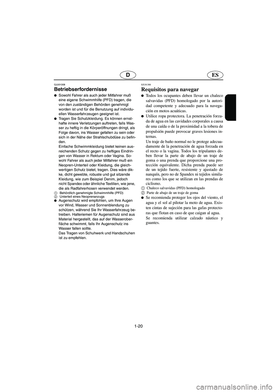 YAMAHA SUV 1200 2003  Manuale de Empleo (in Spanish) 1-20
ESD
GJU01308 
Betriebserfordernisse  
Sowohl Fahrer als auch jeder Mitfahrer muß 
eine eigene Schwimmhilfe (PFD) tragen, die 
von den zuständigen Behörden genehmigt 
worden ist und für die B