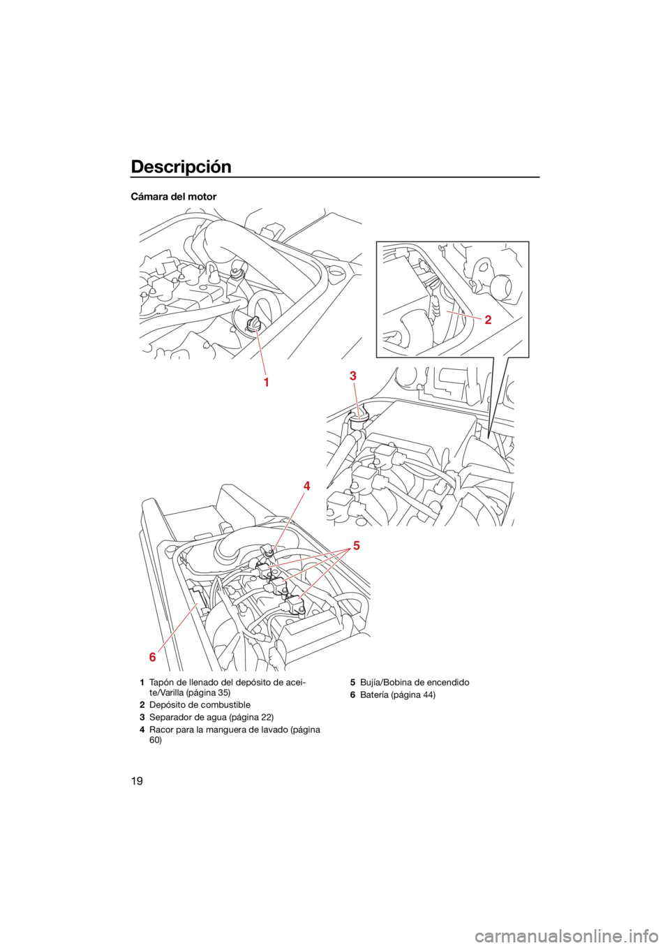 YAMAHA SUPERJET 2022  Manuale de Empleo (in Spanish) Descripción
19
Cámara del motor
1
2
3
4
5
6
1Tapón de llenado del depósito de acei-
te/Varilla (página 35)
2 Depósito de combustible
3 Separador de agua (página 22)
4 Racor para la manguera de 