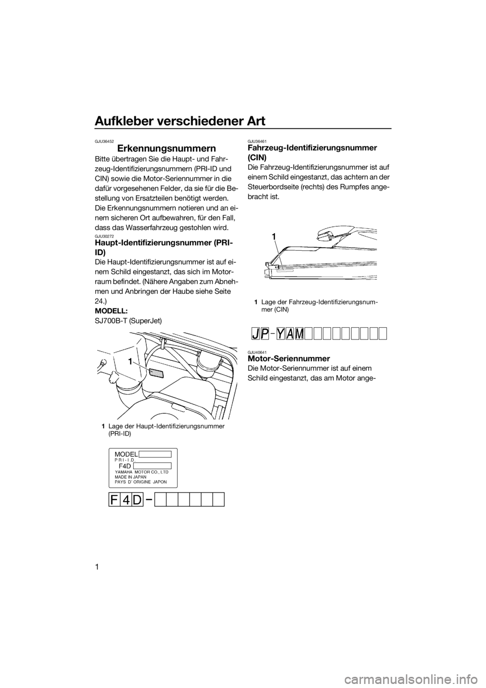 YAMAHA SUPERJET 2018 Betriebsanleitungen (in German) Aufkleber verschiedener Art
1
GJU36452
Erkennungsnummern
Bitte übertragen Sie die Haupt- und Fahr-
zeug-Identifizierungsnummern (PRI-ID und
CIN) sowie die Motor-Seriennummer in die
dafür vorgesehe YAMAHA SUPERJET 2018 Betriebsanleitungen (in German) Aufkleber verschiedener Art
1
GJU36452
Erkennungsnummern
Bitte übertragen Sie die Haupt- und Fahr-
zeug-Identifizierungsnummern (PRI-ID und
CIN) sowie die Motor-Seriennummer in die
dafür vorgesehe