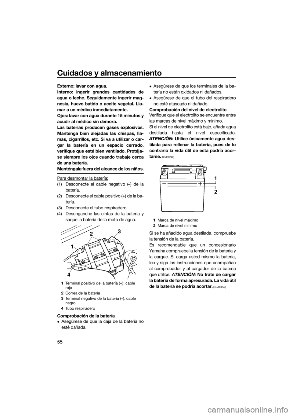 YAMAHA SUPERJET 2018 Manuale de Empleo (in Spanish) Cuidados y almacenamiento
55
Externo: lavar con agua.
Interno: ingerir grandes cantidades de
agua o leche. Seguidamente ingerir mag-
nesia, huevo batido o aceite vegetal. Lla-
mar a un médico inmedia YAMAHA SUPERJET 2018 Manuale de Empleo (in Spanish) Cuidados y almacenamiento
55
Externo: lavar con agua.
Interno: ingerir grandes cantidades de
agua o leche. Seguidamente ingerir mag-
nesia, huevo batido o aceite vegetal. Lla-
mar a un médico inmedia
