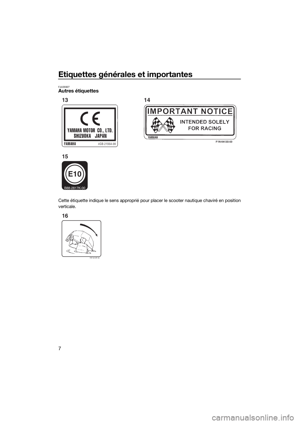 YAMAHA SUPERJET 2018  Notices Demploi (in French) Etiquettes générales et importantes
7
FJU35927Autres étiquettes
Cette étiquette indique le sens approprié pour placer le scooter nautique chaviré en position
verticale.
E10
B88-2817K-00
13
1514
