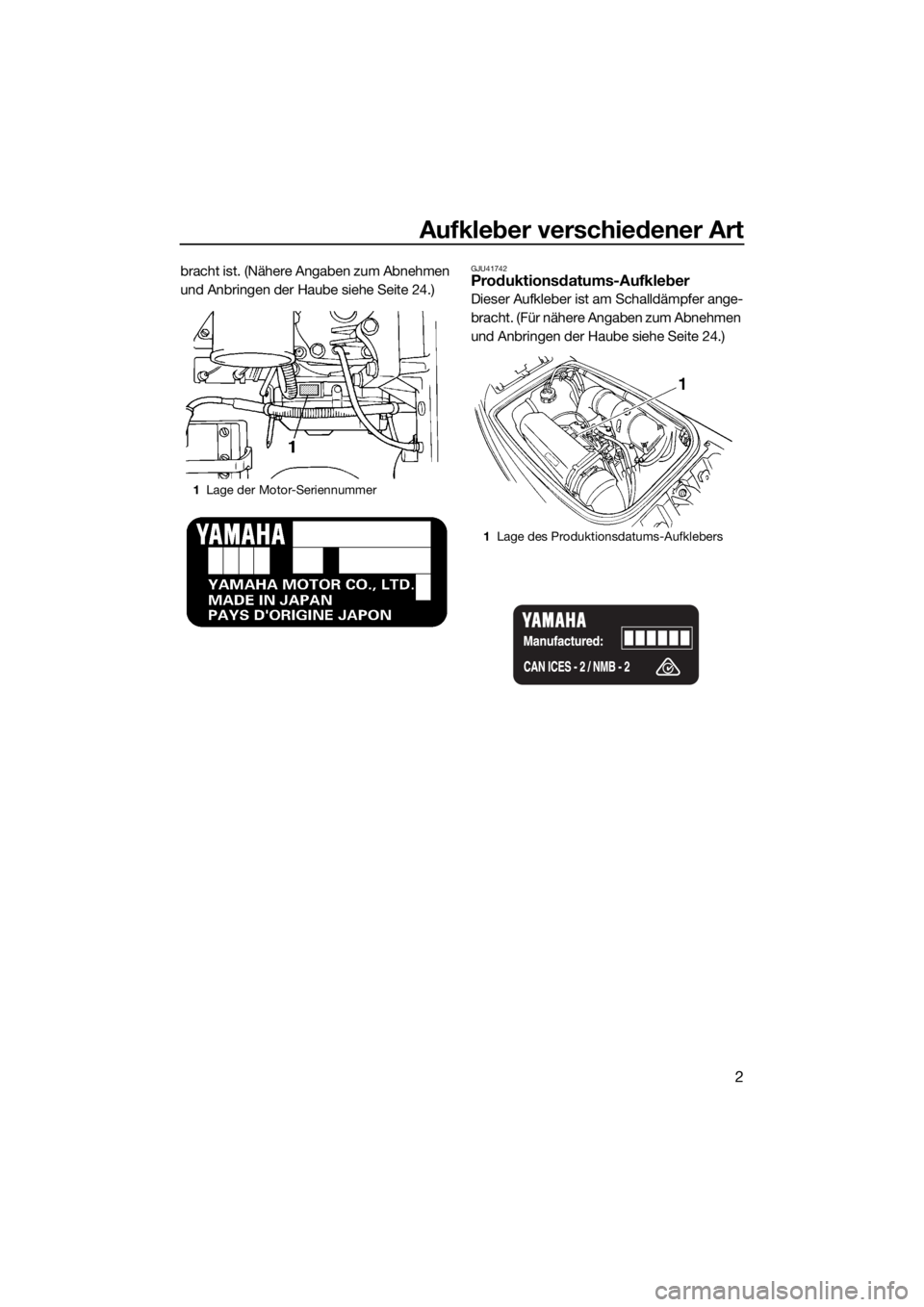 YAMAHA SUPERJET 2017  Betriebsanleitungen (in German) Aufkleber verschiedener Art
2
bracht ist. (Nähere Angaben zum Abnehmen 
und Anbringen der Haube siehe Seite 24.)GJU41742Produktionsdatums-Aufkleber
Dieser Aufkleber ist am Schalldämpfer ange-
bracht