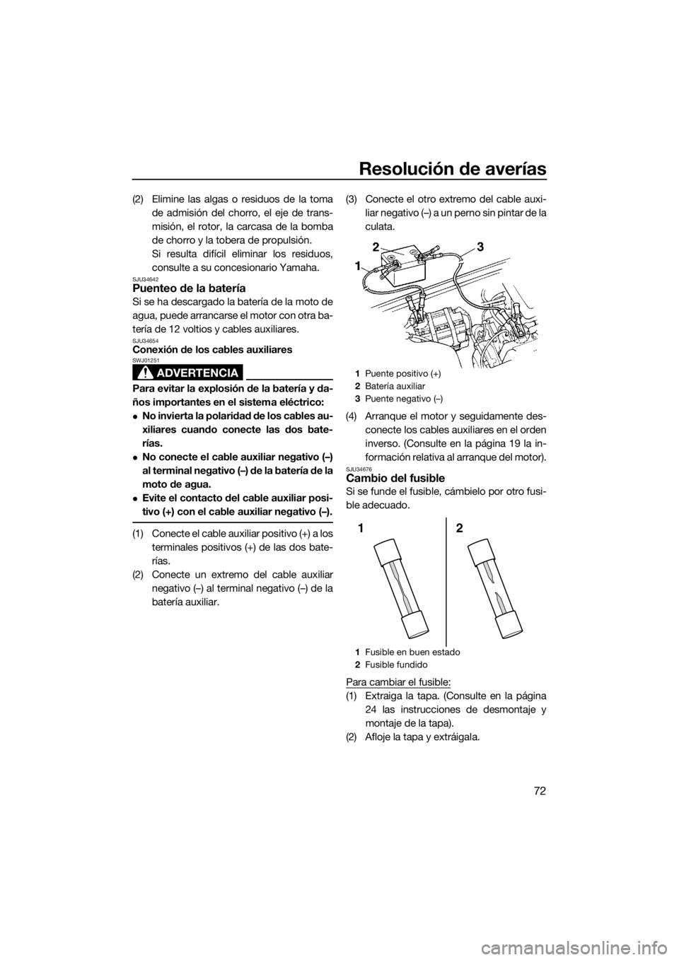 YAMAHA SUPERJET 2017 Manuale de Empleo (in Spanish) Resolución de averías
72
(2) Elimine las algas o residuos de la toma
de admisión del chorro, el eje de trans-
misión, el rotor, la carcasa de la bomba
de chorro y la tobera de propulsión.
Si resu YAMAHA SUPERJET 2017 Manuale de Empleo (in Spanish) Resolución de averías
72
(2) Elimine las algas o residuos de la toma
de admisión del chorro, el eje de trans-
misión, el rotor, la carcasa de la bomba
de chorro y la tobera de propulsión.
Si resu