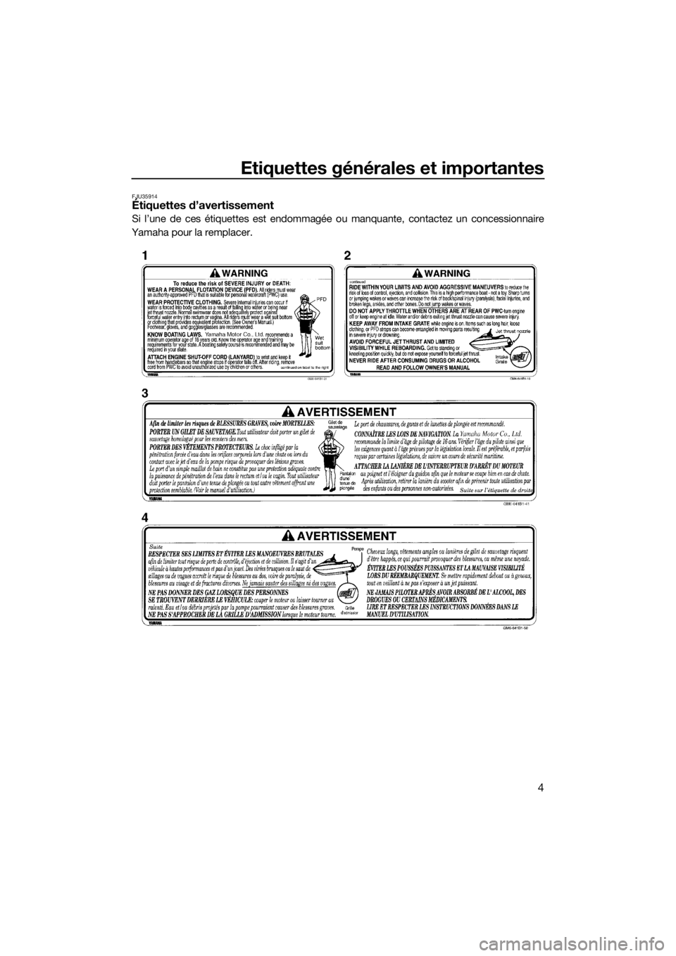 YAMAHA SUPERJET 2017  Notices Demploi (in French) Etiquettes générales et importantes
4
FJU35914Étiquettes d’avertissement
Si l’une de ces étiquettes est endommagée ou manquante, contactez un concessionnaire
Yamaha pour la remplacer.
UF4D73F