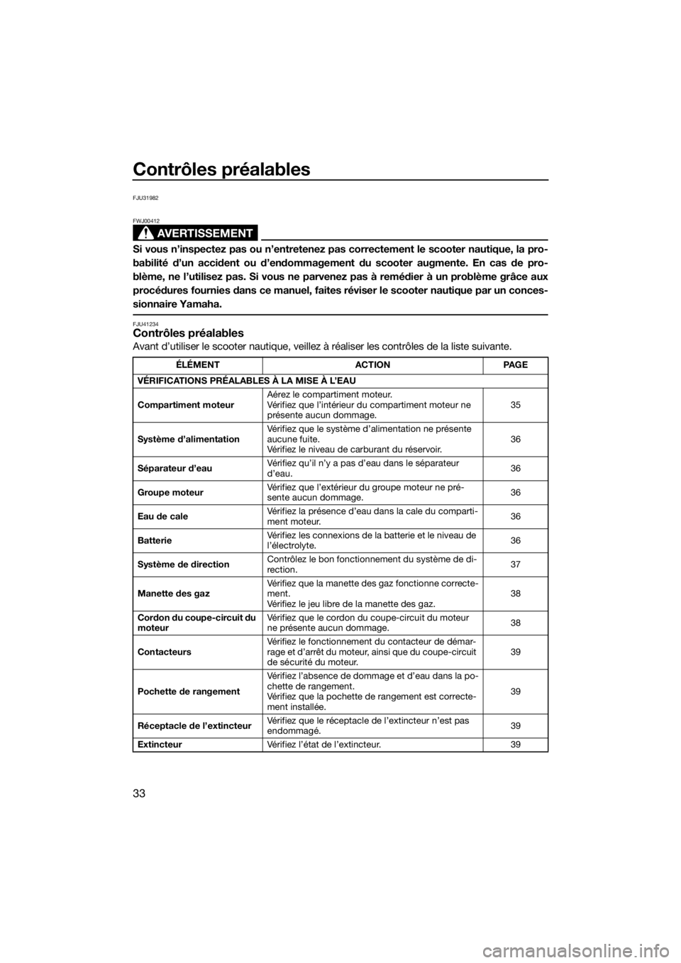 YAMAHA SUPERJET 2017 Notices Demploi (in French) Contrôles préalables
33
FJU31982
AVERTISSEMENT
FWJ00412
Si vous n’inspectez pas ou n’entretenez pas correctement le scooter nautique, la pro-
babilité d’un accident ou d’endommagement du sc YAMAHA SUPERJET 2017 Notices Demploi (in French) Contrôles préalables
33
FJU31982
AVERTISSEMENT
FWJ00412
Si vous n’inspectez pas ou n’entretenez pas correctement le scooter nautique, la pro-
babilité d’un accident ou d’endommagement du sc