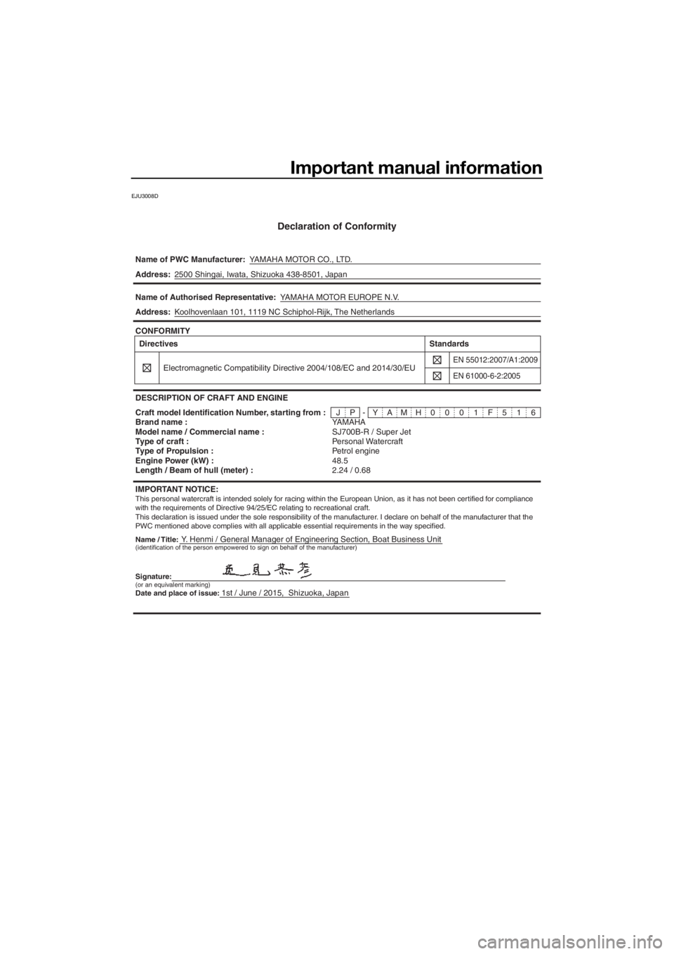 YAMAHA SUPERJET 2016 Owners Manual Important manual information
EJU3008D
Declaration of Conformity
Name of PWC Manufacturer:YAMAHA MOTOR CO., LTD.
Name / Title:Y. Henmi / General Manager of Engineering Section, Boat Business Unit
Addre YAMAHA SUPERJET 2016 Owners Manual Important manual information
EJU3008D
Declaration of Conformity
Name of PWC Manufacturer:YAMAHA MOTOR CO., LTD.
Name / Title:Y. Henmi / General Manager of Engineering Section, Boat Business Unit
Addre