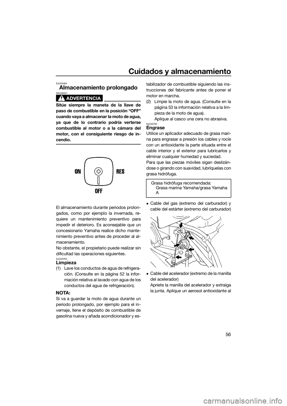 YAMAHA SUPERJET 2016 Manuale de Empleo (in Spanish) Cuidados y almacenamiento
56
SJU33484
Almacenamiento prolongado
ADVERTENCIA
SWJ00321
Sitúe siempre la maneta de la llave de
paso de combustible en la posición “OFF”
cuando vaya a almacenar la mo YAMAHA SUPERJET 2016 Manuale de Empleo (in Spanish) Cuidados y almacenamiento
56
SJU33484
Almacenamiento prolongado
ADVERTENCIA
SWJ00321
Sitúe siempre la maneta de la llave de
paso de combustible en la posición “OFF”
cuando vaya a almacenar la mo