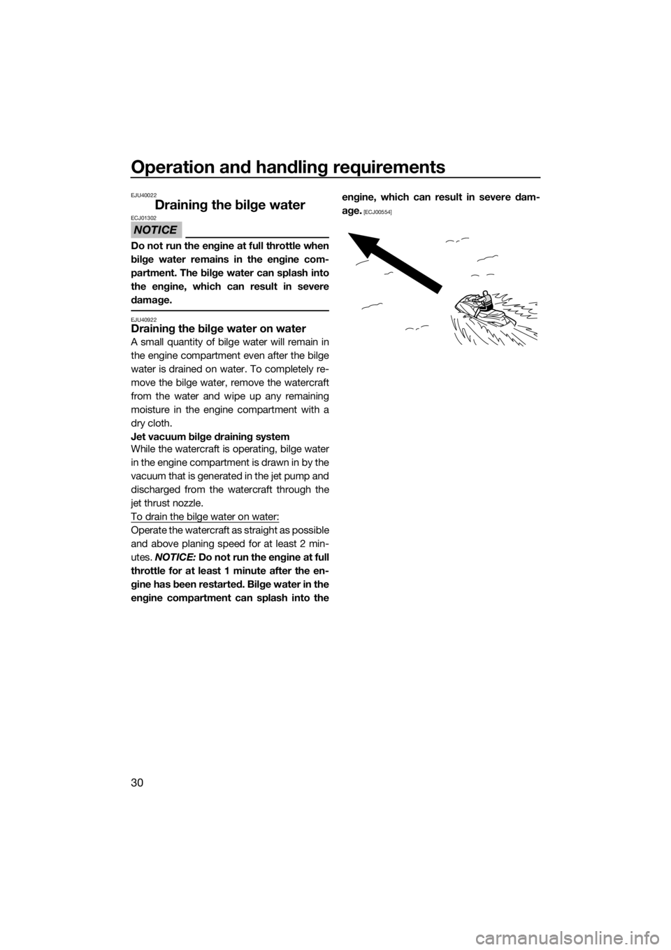YAMAHA SUPERJET 2014  Owners Manual Operation and handling requirements
30
EJU40022
Draining the bilge water
NOTICE
ECJ01302
Do not run the engine at full throttle when
bilge water remains in the engine com-
partment. The bilge water ca