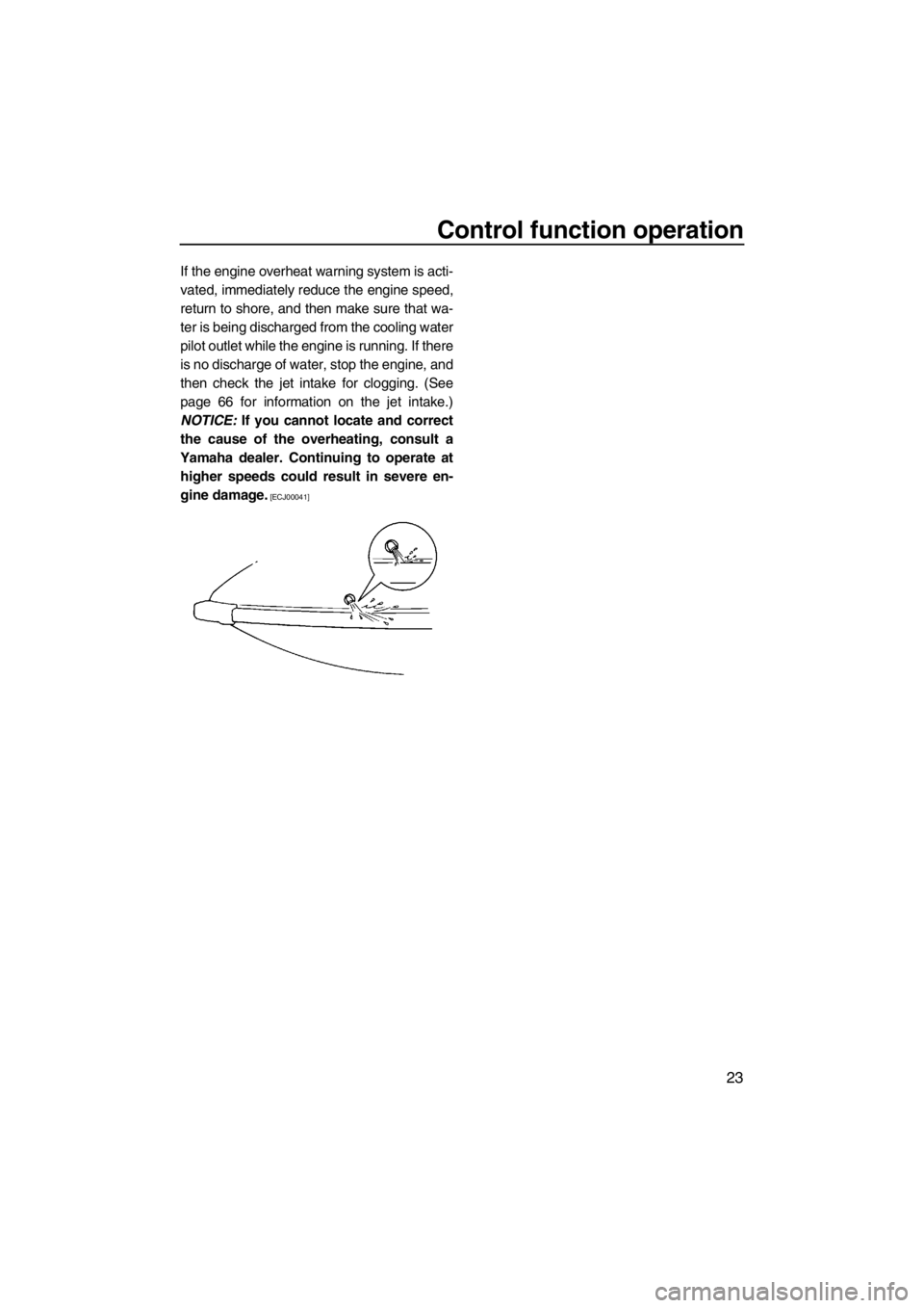 YAMAHA SUPERJET 2013  Owners Manual Control function operation
23
If the engine overheat warning system is acti-
vated, immediately reduce the engine speed,
return to shore, and then make sure that wa-
ter is being discharged from the c