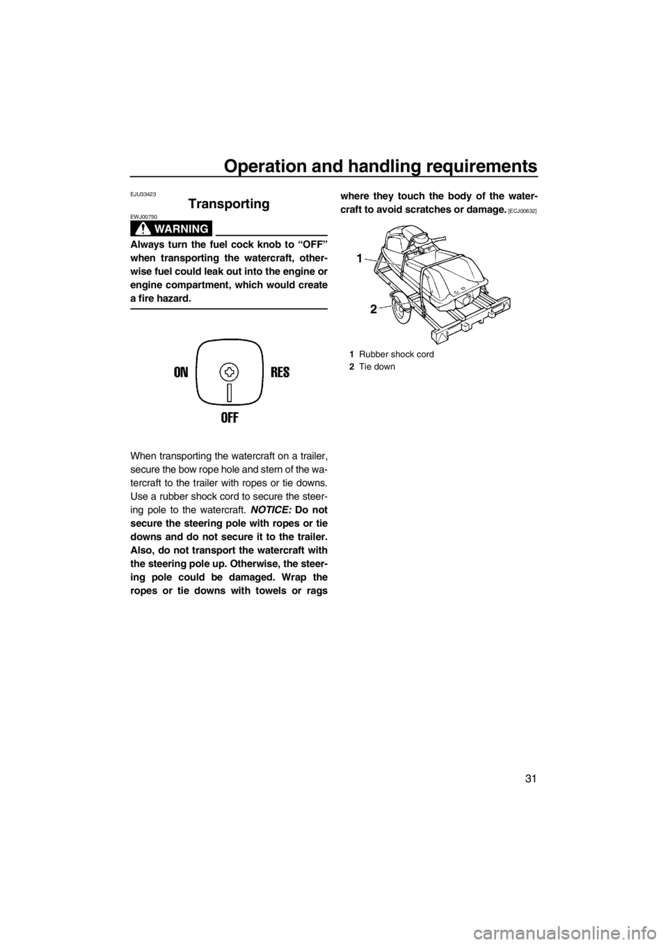 YAMAHA SUPERJET 2013  Owners Manual Operation and handling requirements
31
EJU33423
Transporting 
WARNING
EWJ00750
Always turn the fuel cock knob to “OFF”
when transporting the watercraft, other-
wise fuel could leak out into the en