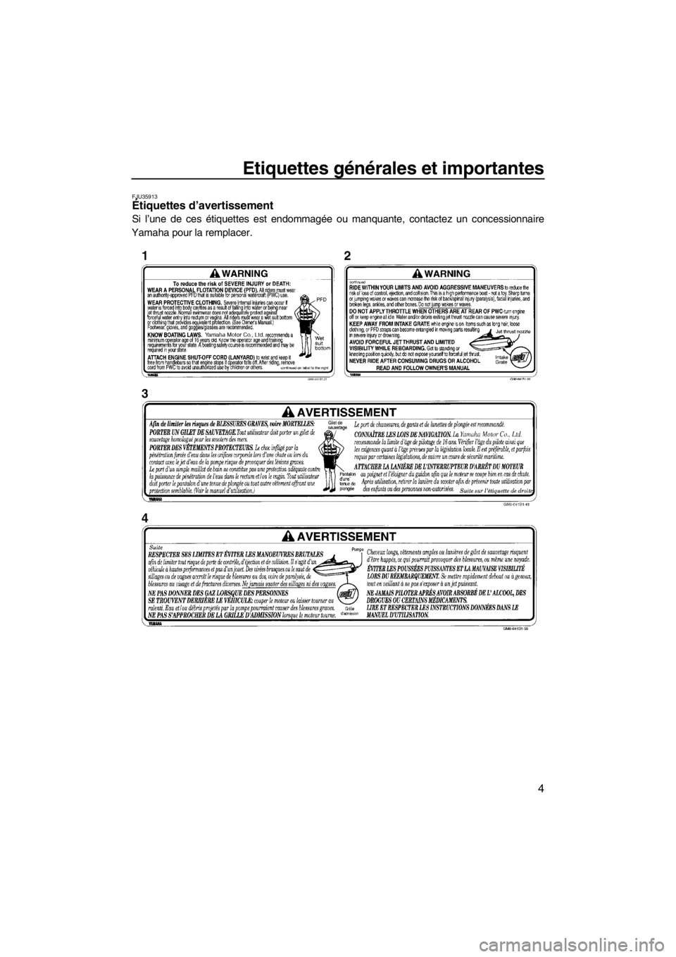 YAMAHA SUPERJET 2013  Notices Demploi (in French) Etiquettes générales et importantes
4
FJU35913Étiquettes d’avertissement 
Si l’une de ces étiquettes est endommagée ou manquante, contactez un concessionnaire
Yamaha pour la remplacer.
UF2F75