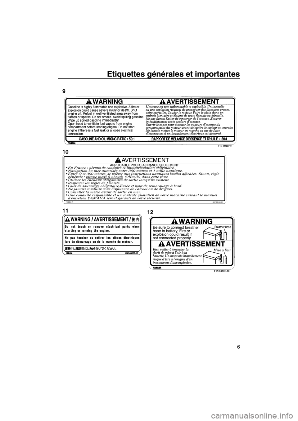 YAMAHA SUPERJET 2013  Notices Demploi (in French) Etiquettes générales et importantes
6
UF2F75F0.book  Page 6  Thursday, June 28, 2012  10:52 AM 