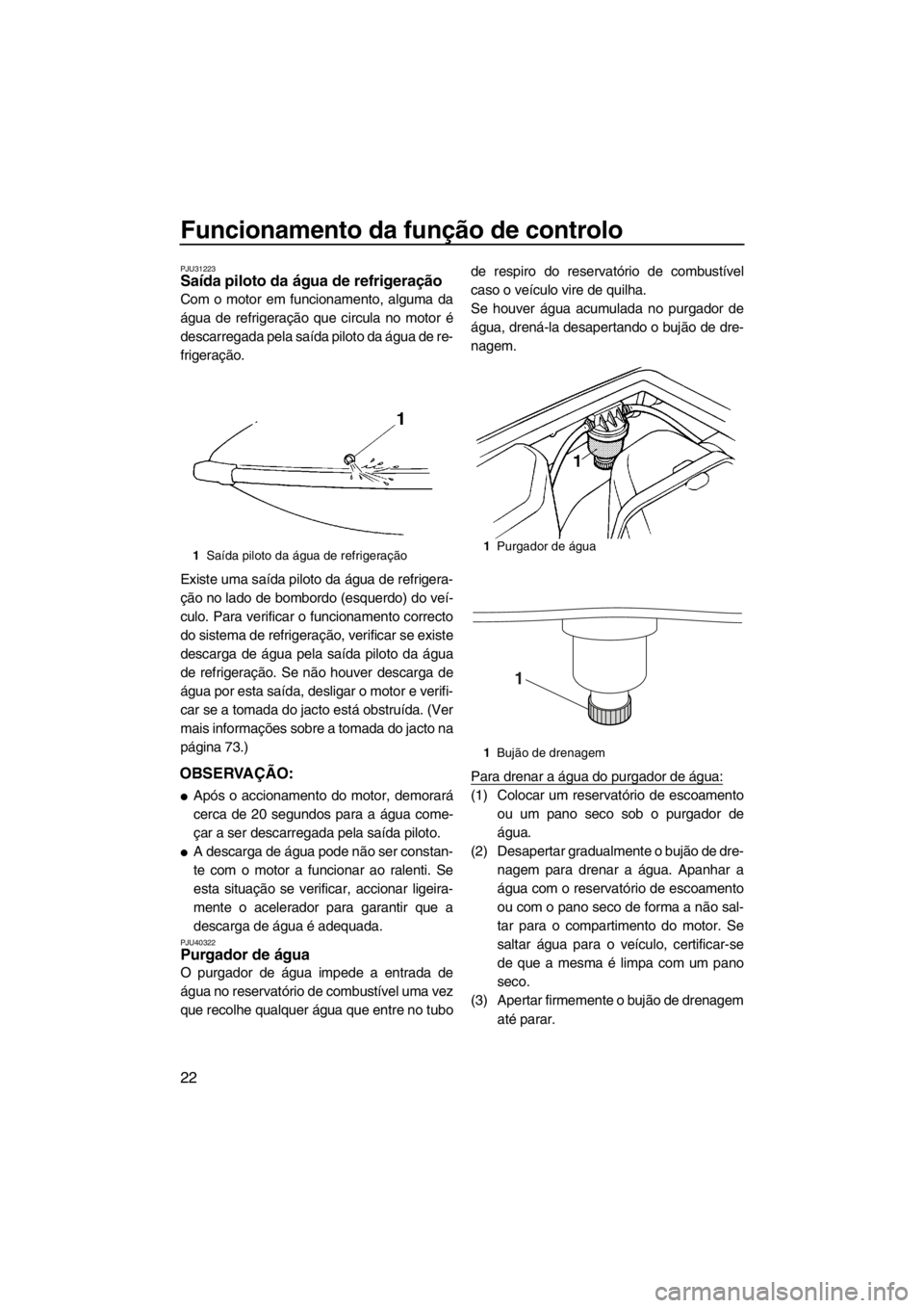 YAMAHA SUPERJET 2012  Manual de utilização (in Portuguese) Funcionamento da função de controlo
22
PJU31223Saída piloto da água de refrigeração 
Com o motor em funcionamento, alguma da
água de refrigeração que circula no motor é
descarregada pela sa