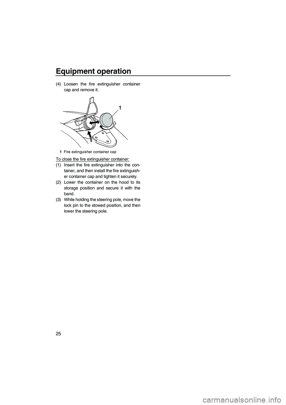 YAMAHA SUPERJET 2010  Owners Manual Equipment operation
25
(4) Loosen the fire extinguisher container
cap and remove it.
To close the fire extinguisher container:
(1) Insert the fire extinguisher into the con-
tainer, and then install t