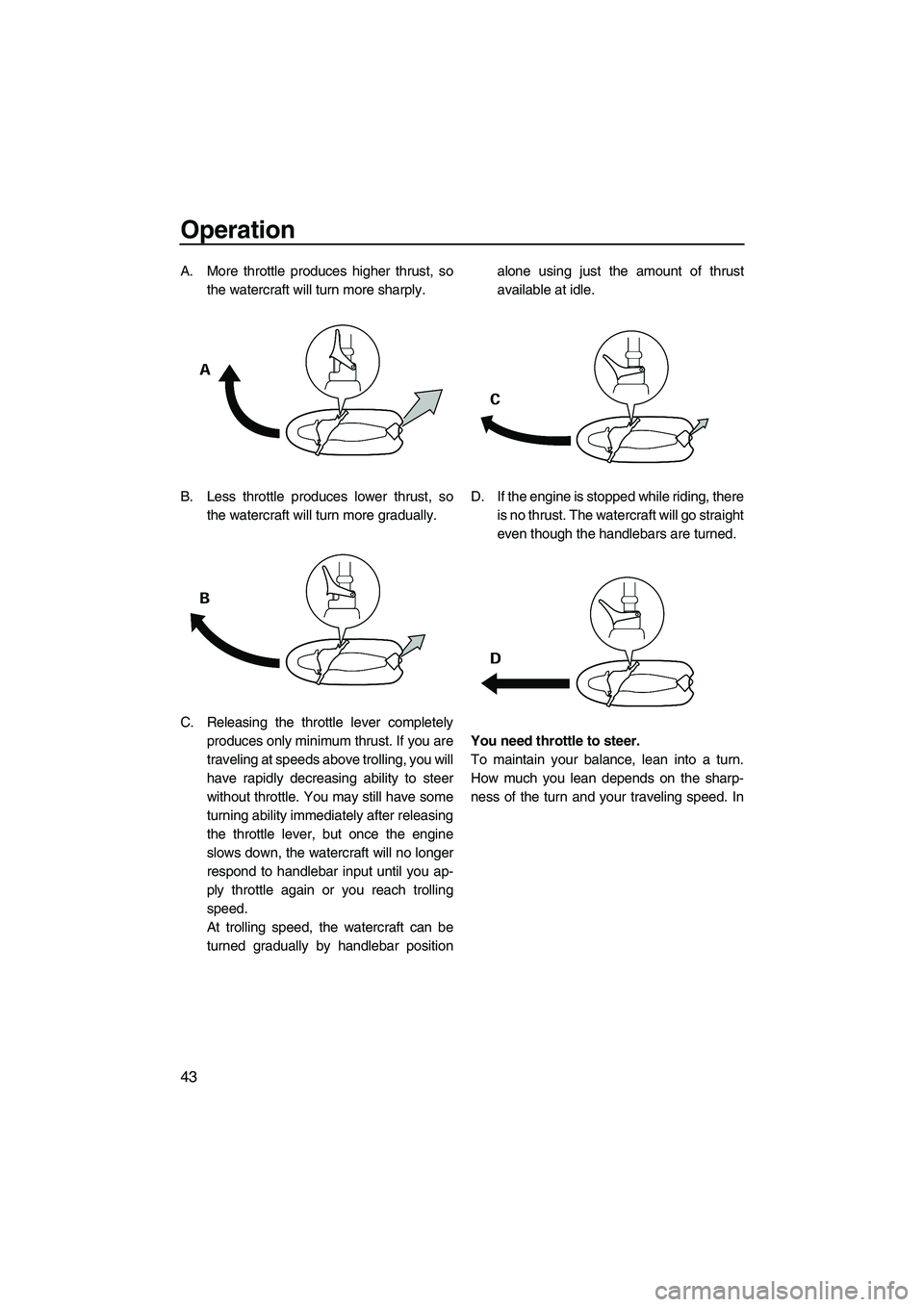 YAMAHA SUPERJET 2010  Owners Manual Operation
43
A. More throttle produces higher thrust, so
the watercraft will turn more sharply.
B. Less throttle produces lower thrust, so
the watercraft will turn more gradually.
C. Releasing the thr