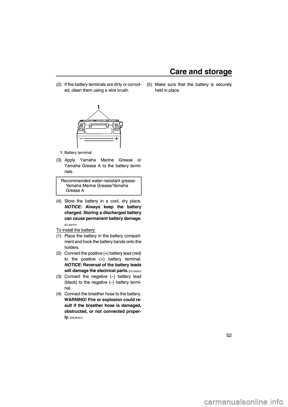 YAMAHA SUPERJET 2010  Owners Manual Care and storage
52
(2) If the battery terminals are dirty or corrod-
ed, clean them using a wire brush.
(3) Apply Yamaha Marine Grease or
Yamaha Grease A to the battery termi-
nals.
(4) Store the bat