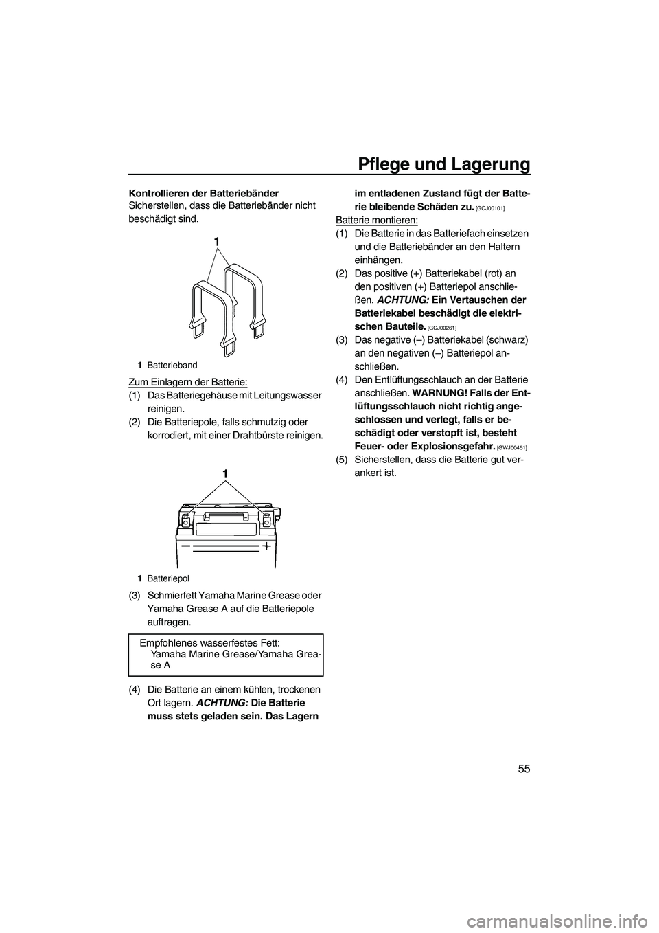 YAMAHA SUPERJET 2010 Betriebsanleitungen (in German) Pflege und Lagerung
55
Kontrollieren der Batteriebänder
Sicherstellen, dass die Batteriebänder nicht
beschädigt sind.
Zum Einlagern der Batterie:
(1) Das Batteriegehäuse mit Leitungswasser
reini YAMAHA SUPERJET 2010 Betriebsanleitungen (in German) Pflege und Lagerung
55
Kontrollieren der Batteriebänder
Sicherstellen, dass die Batteriebänder nicht
beschädigt sind.
Zum Einlagern der Batterie:
(1) Das Batteriegehäuse mit Leitungswasser
reini