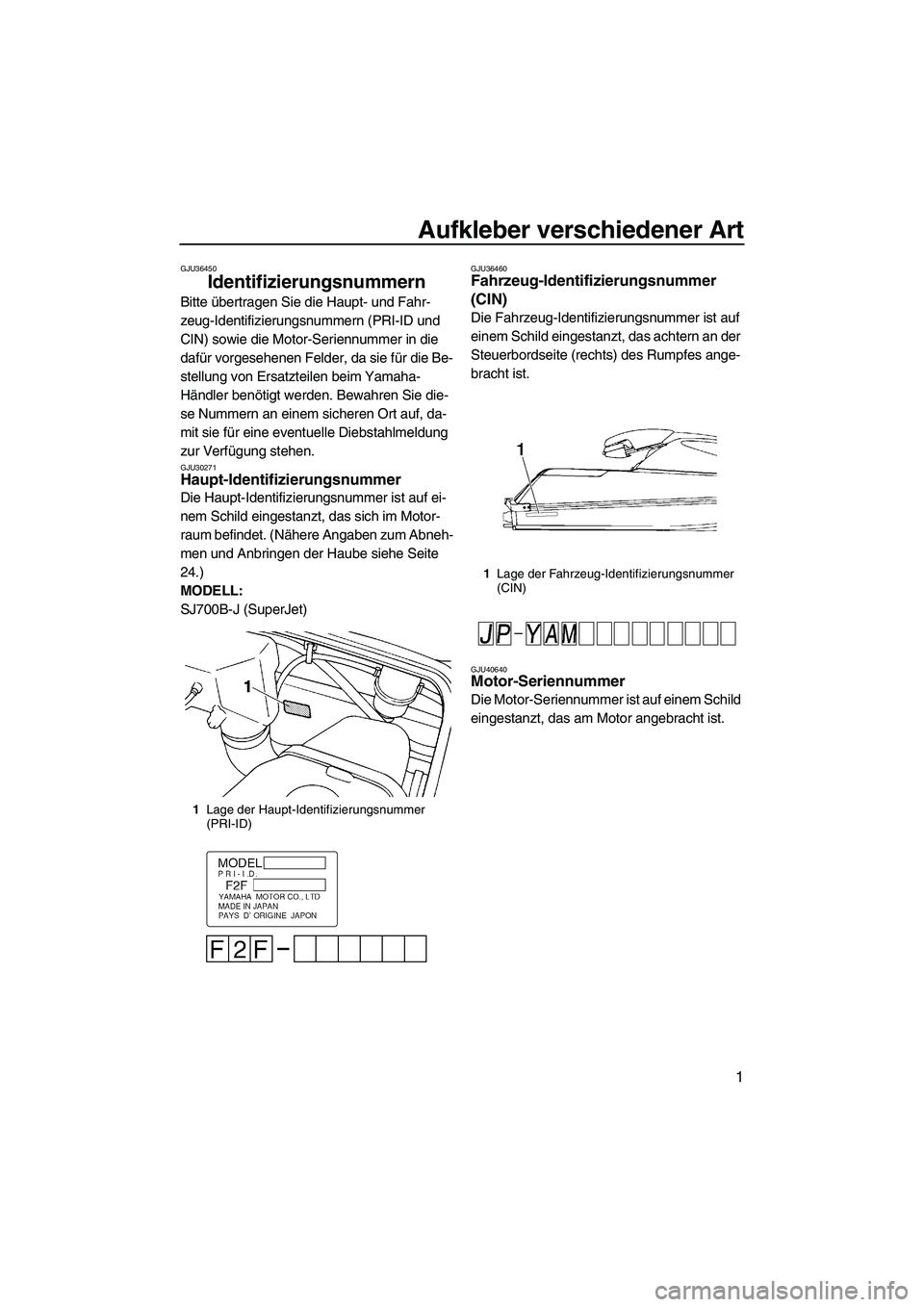 YAMAHA SUPERJET 2010 Betriebsanleitungen (in German) Aufkleber verschiedener Art
1
GJU36450
Identifizierungsnummern
Bitte übertragen Sie die Haupt- und Fahr-
zeug-Identifizierungsnummern (PRI-ID und
CIN) sowie die Motor-Seriennummer in die
dafür vo YAMAHA SUPERJET 2010 Betriebsanleitungen (in German) Aufkleber verschiedener Art
1
GJU36450
Identifizierungsnummern
Bitte übertragen Sie die Haupt- und Fahr-
zeug-Identifizierungsnummern (PRI-ID und
CIN) sowie die Motor-Seriennummer in die
dafür vo