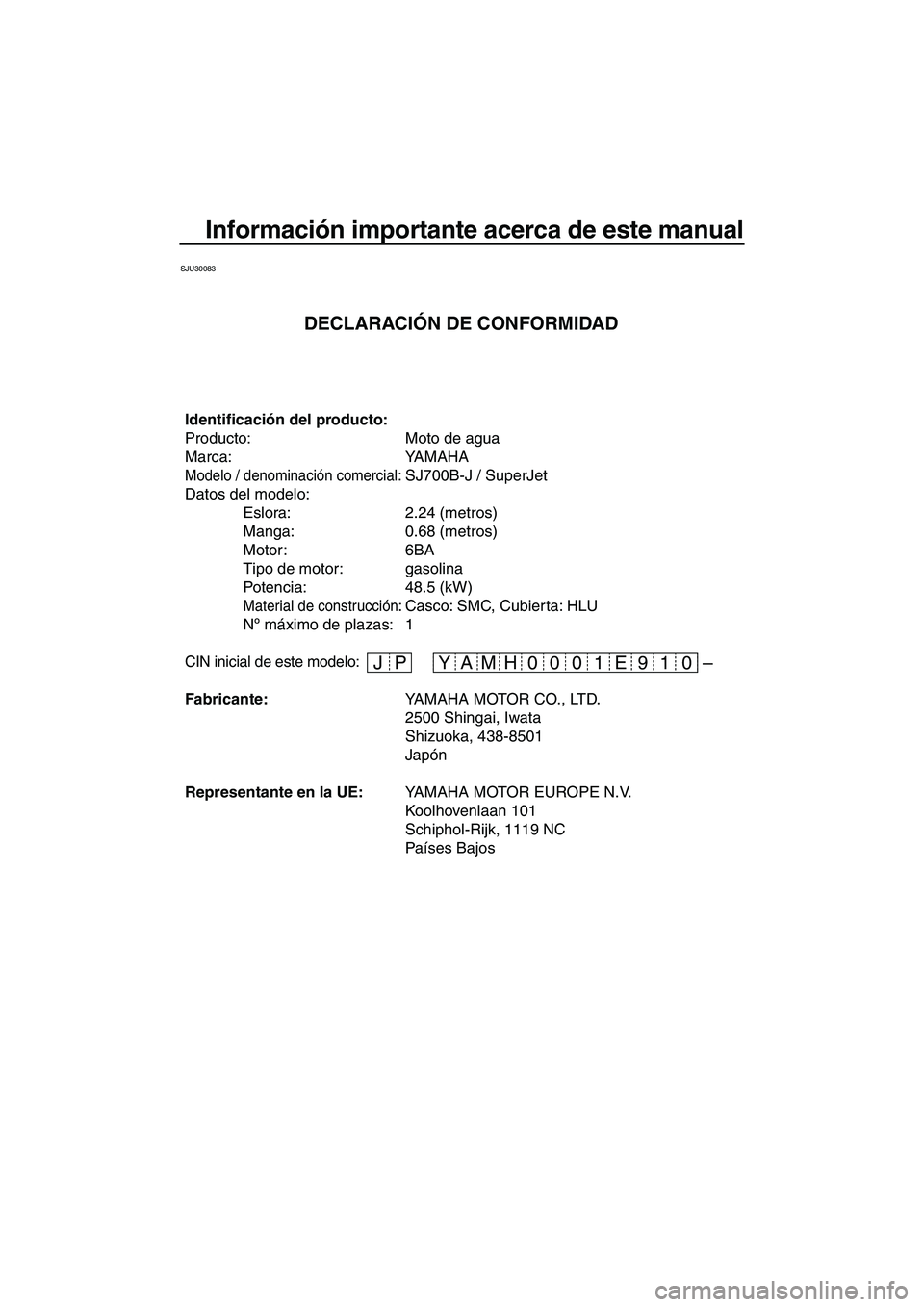 YAMAHA SUPERJET 2010  Manuale de Empleo (in Spanish) Información importante acerca de este manual
SJU30083
– JP 19 E 01 0 00 H YAM
Identificación del producto:
Producto: Moto de agua 
Marca: YAMAHA
Modelo / denominación comercial: SJ700B-J / SuperJ