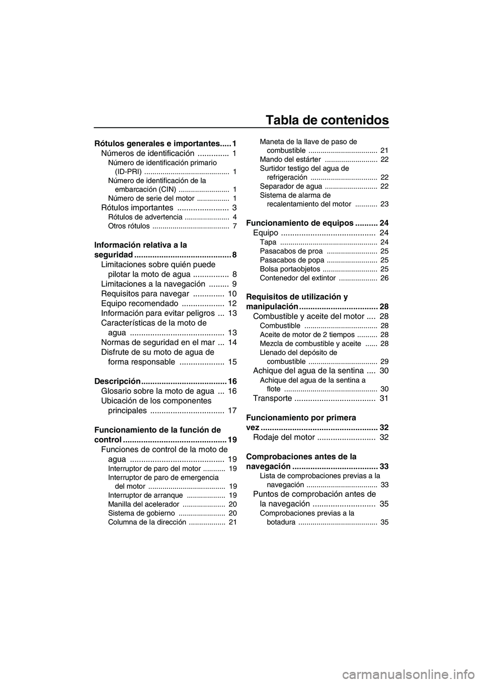 YAMAHA SUPERJET 2010  Manuale de Empleo (in Spanish) Tabla de contenidos
Rótulos generales e importantes..... 1
Números de identificación ..............  1
Número de identificación primario 
(ID-PRI) ..........................................  1
N
