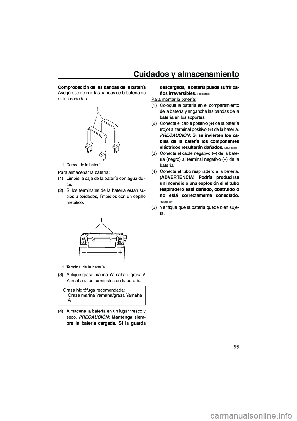 YAMAHA SUPERJET 2010 Manuale de Empleo (in Spanish) Cuidados y almacenamiento
55
Comprobación de las bandas de la batería
Asegúrese de que las bandas de la batería no
están dañadas.
Para almacenar la batería:
(1) Limpie la caja de la batería co YAMAHA SUPERJET 2010 Manuale de Empleo (in Spanish) Cuidados y almacenamiento
55
Comprobación de las bandas de la batería
Asegúrese de que las bandas de la batería no
están dañadas.
Para almacenar la batería:
(1) Limpie la caja de la batería co