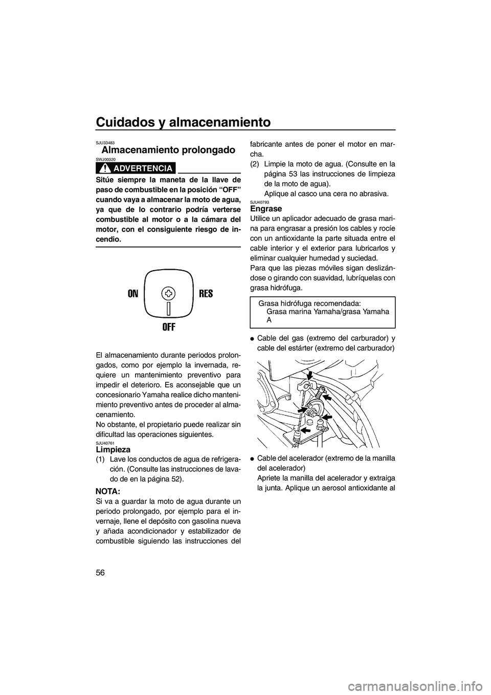 YAMAHA SUPERJET 2010 Manuale de Empleo (in Spanish) Cuidados y almacenamiento
56
SJU33483
Almacenamiento prolongado
ADVERTENCIA
SWJ00320
Sitúe siempre la maneta de la llave de
paso de combustible en la posición “OFF”
cuando vaya a almacenar la m YAMAHA SUPERJET 2010 Manuale de Empleo (in Spanish) Cuidados y almacenamiento
56
SJU33483
Almacenamiento prolongado
ADVERTENCIA
SWJ00320
Sitúe siempre la maneta de la llave de
paso de combustible en la posición “OFF”
cuando vaya a almacenar la m