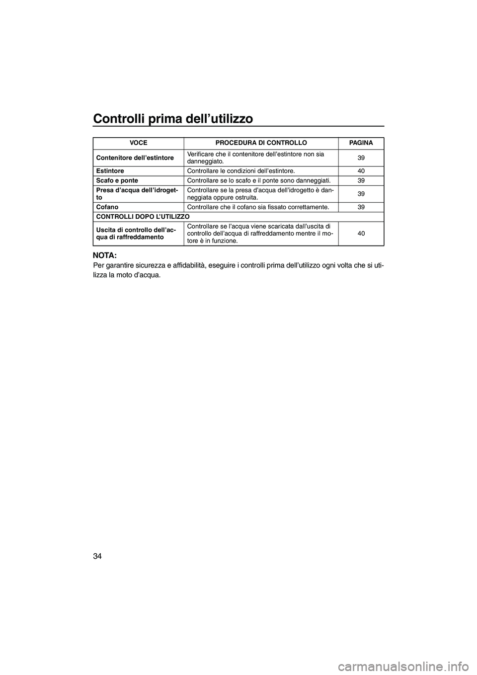 YAMAHA SUPERJET 2010  Manuale duso (in Italian) Controlli prima dell’utilizzo
34
NOTA:
Per garantire sicurezza e affidabilità, eseguire i controlli prima dell’utilizzo ogni volta che si uti-
lizza la moto d’acqua.
Contenitore dell’estintor