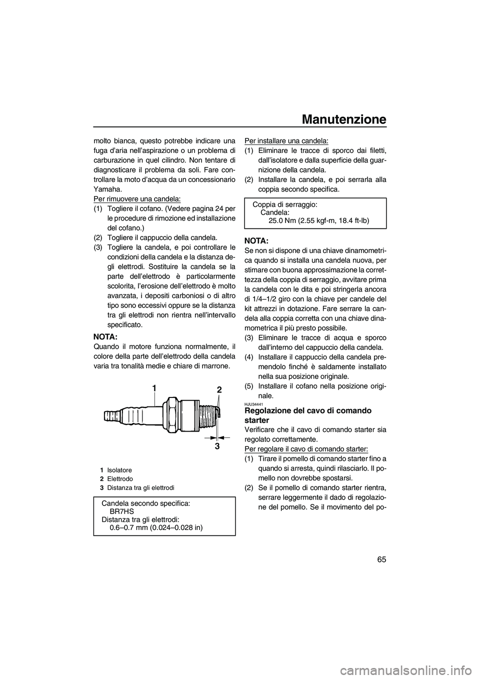 YAMAHA SUPERJET 2010  Manuale duso (in Italian) Manutenzione
65
molto bianca, questo potrebbe indicare una
fuga d’aria nell’aspirazione o un problema di
carburazione in quel cilindro. Non tentare di
diagnosticare il problema da soli. Fare con-
