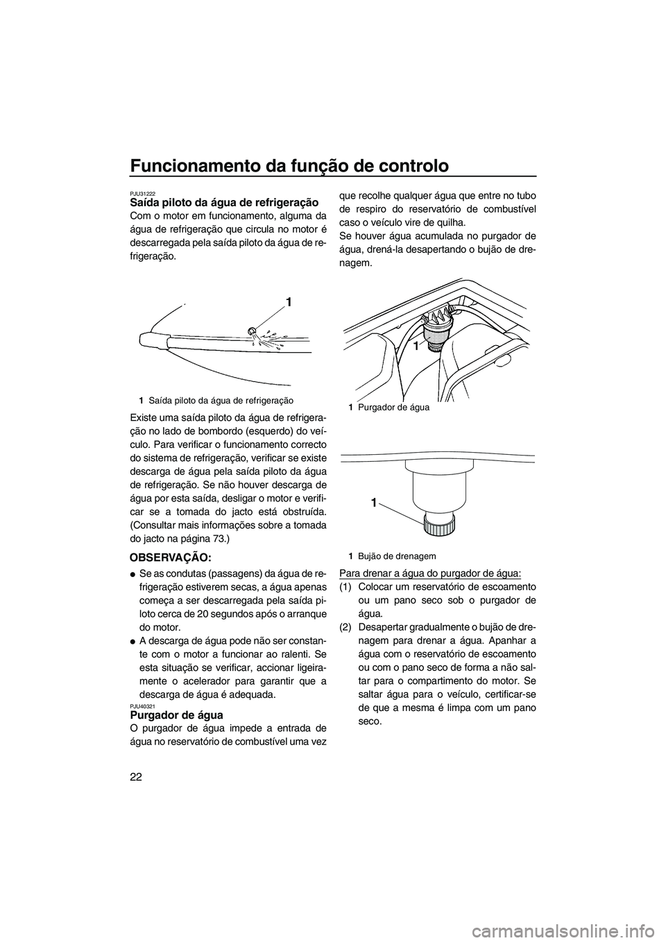 YAMAHA SUPERJET 2010  Manual de utilização (in Portuguese) Funcionamento da função de controlo
22
PJU31222Saída piloto da água de refrigeração 
Com o motor em funcionamento, alguma da
água de refrigeração que circula no motor é
descarregada pela sa�