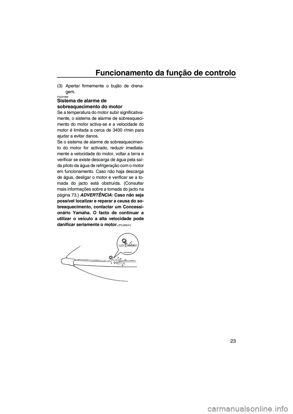 YAMAHA SUPERJET 2010  Manual de utilização (in Portuguese) Funcionamento da função de controlo
23
(3) Apertar firmemente o bujão de drena-
gem.
PJU31664Sistema de alarme de 
sobreaquecimento do motor 
Se a temperatura do motor subir significativa-
mente, o