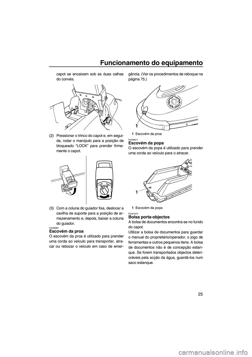 YAMAHA SUPERJET 2010  Manual de utilização (in Portuguese) Funcionamento do equipamento
25
capot se encaixem sob as duas calhas
do convés.
(2) Pressionar o trinco do capot e, em segui-
da, rodar o manípulo para a posição de
bloqueado “LOCK” para prend