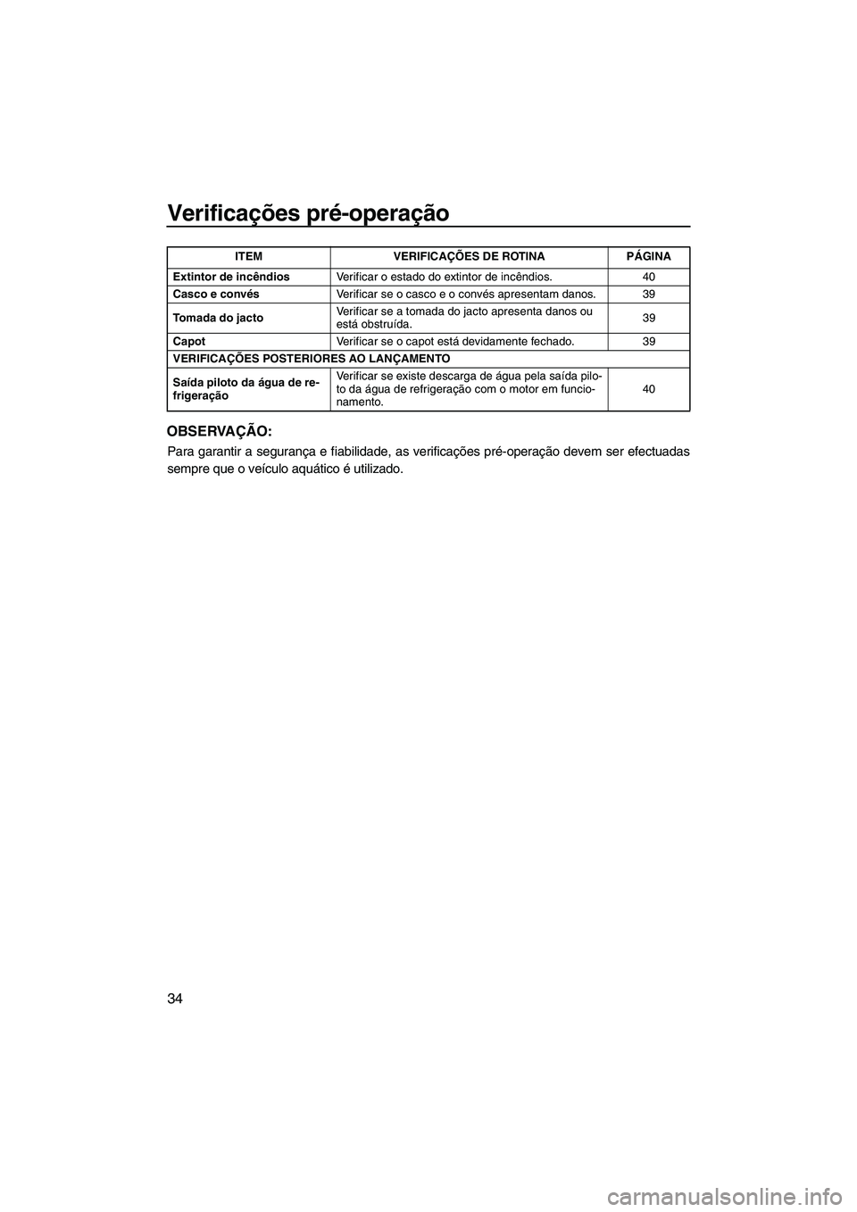YAMAHA SUPERJET 2010  Manual de utilização (in Portuguese) Verificações pré-operação
34
OBSERVAÇÃO:
Para garantir a segurança e fiabilidade, as verificações pré-operação devem ser efectuadas
sempre que o veículo aquático é utilizado.
Extintor 