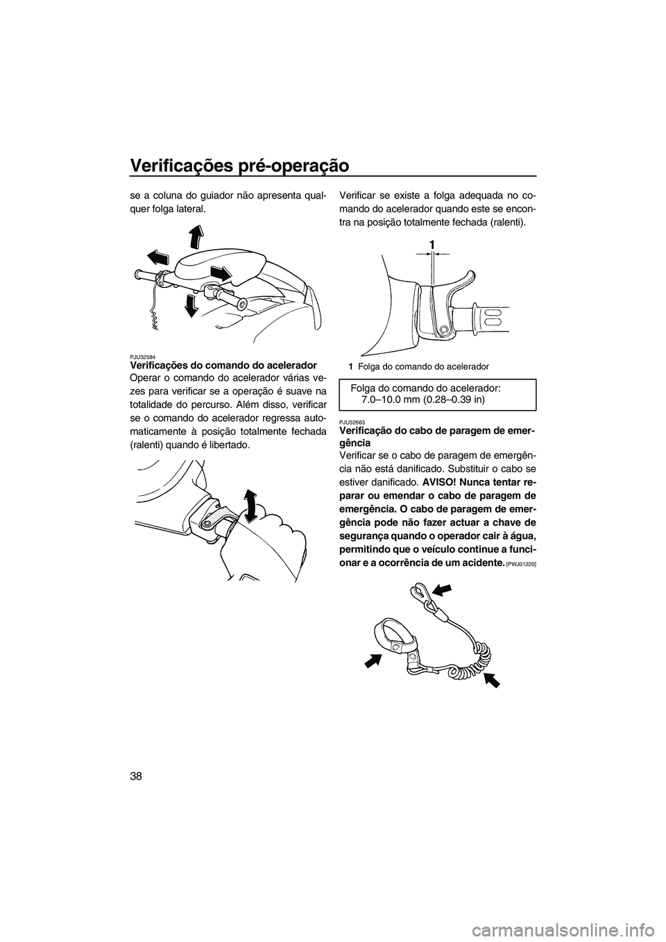 YAMAHA SUPERJET 2010  Manual de utilização (in Portuguese) Verificações pré-operação
38
se a coluna do guiador não apresenta qual-
quer folga lateral.
PJU32594Verificações do comando do acelerador 
Operar o comando do acelerador várias ve-
zes para v