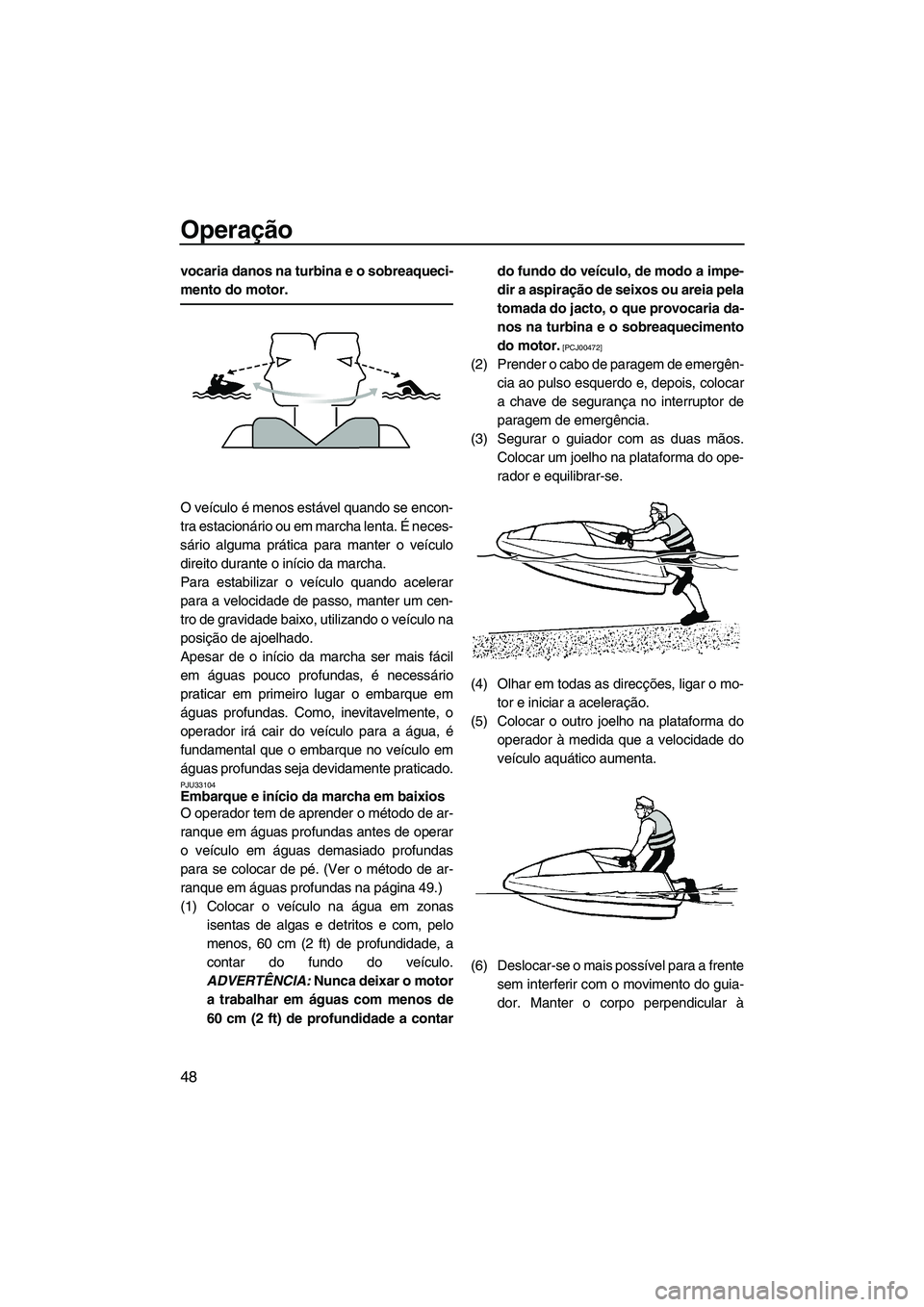 YAMAHA SUPERJET 2010  Manual de utilização (in Portuguese) Operação
48
vocaria danos na turbina e o sobreaqueci-
mento do motor.
O veículo é menos estável quando se encon-
tra estacionário ou em marcha lenta. É neces-
sário alguma prática para manter