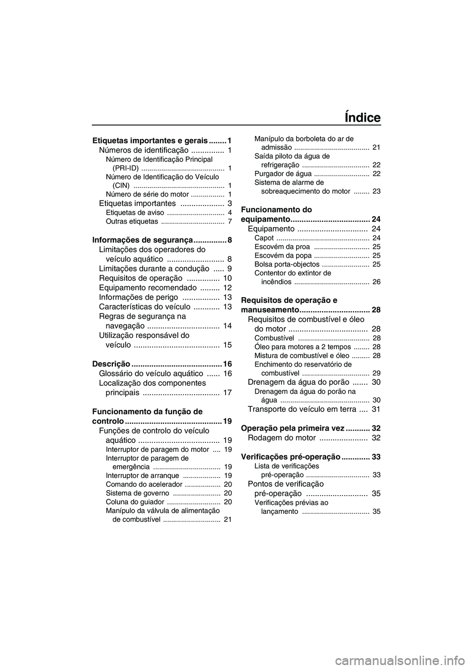 YAMAHA SUPERJET 2010  Manual de utilização (in Portuguese) Índice
Etiquetas importantes e gerais ........ 1
Números de identificação ...............  1
Número de Identificação Principal 
(PRI-ID) ..........................................  1
Número de