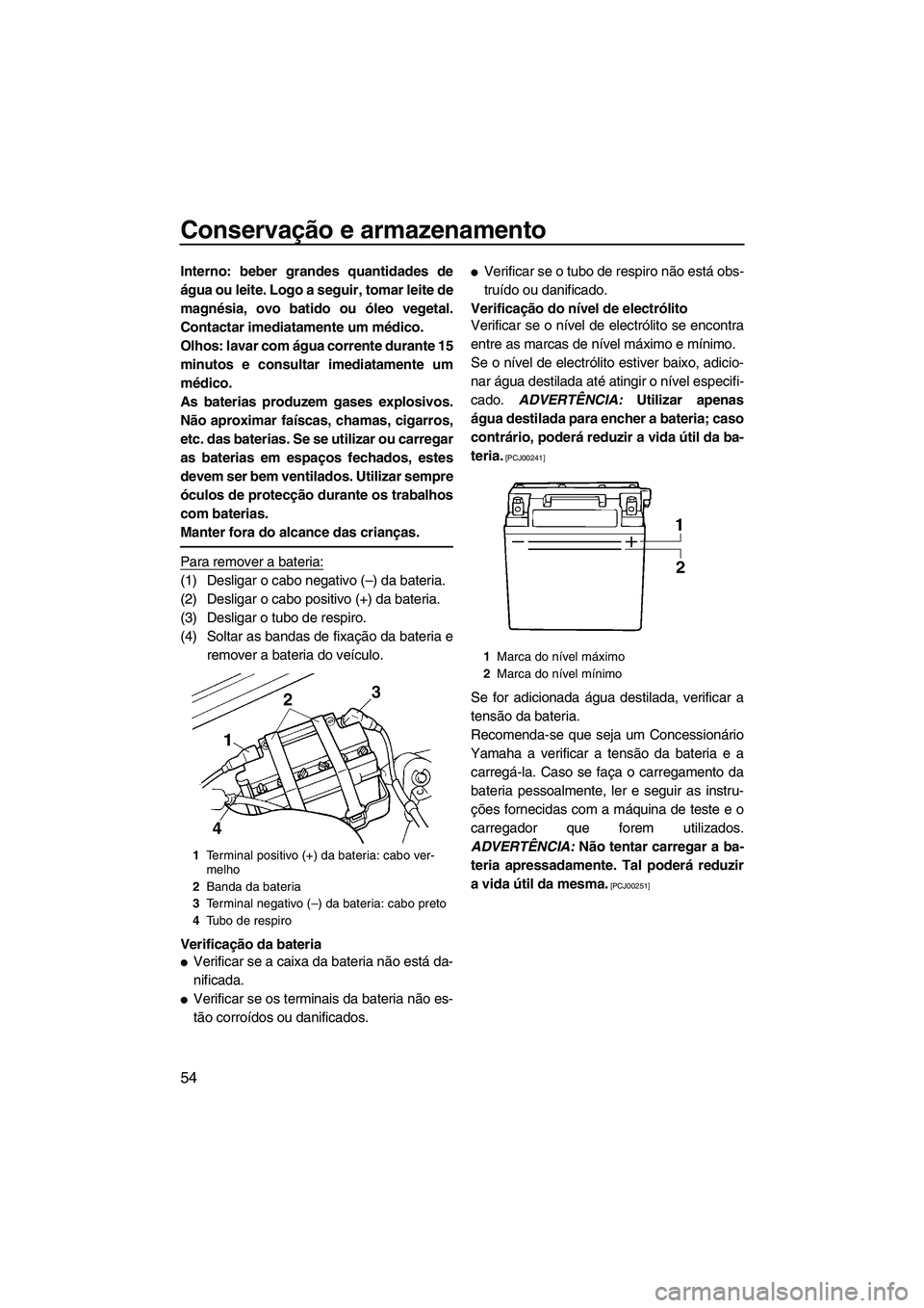 YAMAHA SUPERJET 2010  Manual de utilização (in Portuguese) Conservação e armazenamento
54
Interno: beber grandes quantidades de
água ou leite. Logo a seguir, tomar leite de
magnésia, ovo batido ou óleo vegetal.
Contactar imediatamente um médico.
Olhos: 