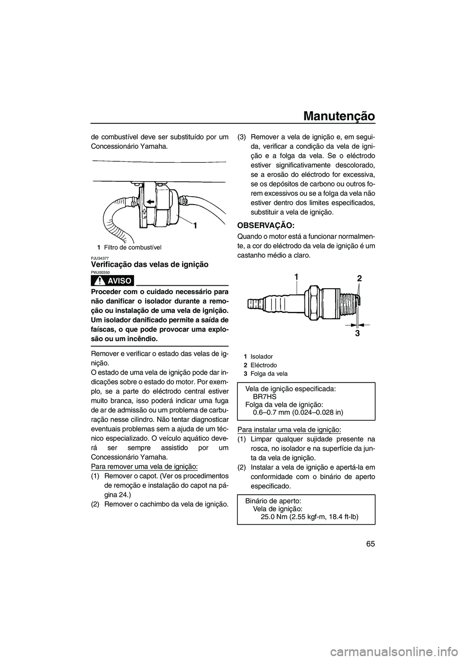 YAMAHA SUPERJET 2010  Manual de utilização (in Portuguese) Manutenção
65
de combustível deve ser substituído por um
Concessionário Yamaha.
PJU34377Verificação das velas de ignição 
AV I S O
PWJ00350
Proceder com o cuidado necessário para
não danifi