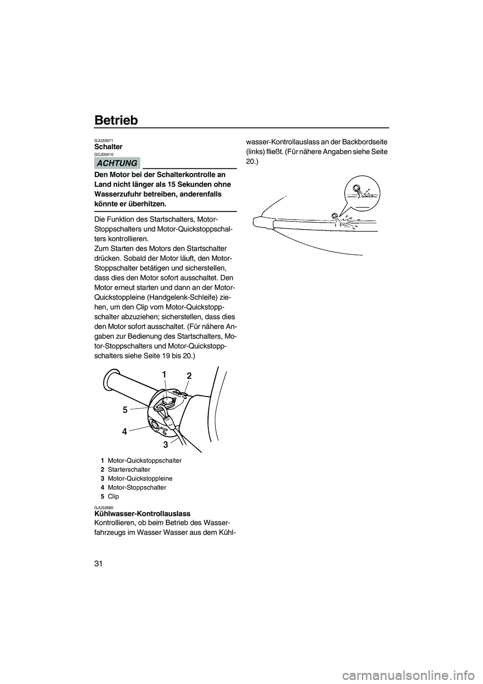 YAMAHA SUPERJET 2009 Betriebsanleitungen (in German) Betrieb
31
GJU32671Schalter
ACHTUNG
GCJ00410
Den Motor bei der Schalterkontrolle an
Land nicht länger als 15 Sekunden ohne
Wasserzufuhr betreiben, anderenfalls
könnte er überhitzen.
Die Funktio YAMAHA SUPERJET 2009 Betriebsanleitungen (in German) Betrieb
31
GJU32671Schalter
ACHTUNG
GCJ00410
Den Motor bei der Schalterkontrolle an
Land nicht länger als 15 Sekunden ohne
Wasserzufuhr betreiben, anderenfalls
könnte er überhitzen.
Die Funktio