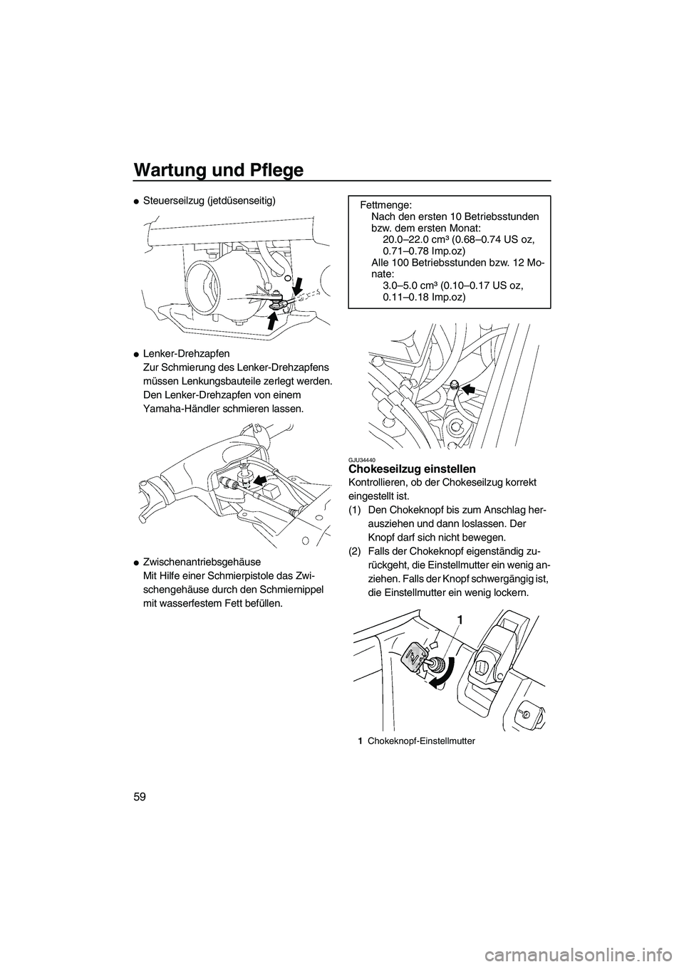 YAMAHA SUPERJET 2009 Betriebsanleitungen (in German) Wartung und Pflege
59
Steuerseilzug (jetdüsenseitig)
Lenker-Drehzapfen
Zur Schmierung des Lenker-Drehzapfens
müssen Lenkungsbauteile zerlegt werden.
Den Lenker-Drehzapfen von einem
Yamaha-Händ YAMAHA SUPERJET 2009 Betriebsanleitungen (in German) Wartung und Pflege
59
Steuerseilzug (jetdüsenseitig)
Lenker-Drehzapfen
Zur Schmierung des Lenker-Drehzapfens
müssen Lenkungsbauteile zerlegt werden.
Den Lenker-Drehzapfen von einem
Yamaha-Händ